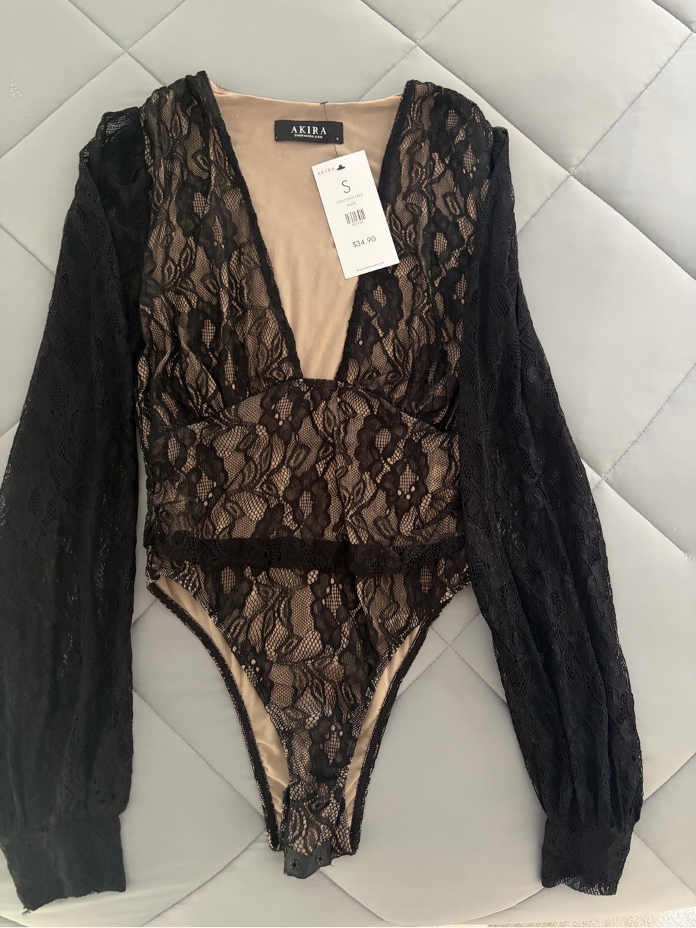 AKIRA Black Lace Long Sleeve V-Neck Bodysuit with Nude Lining